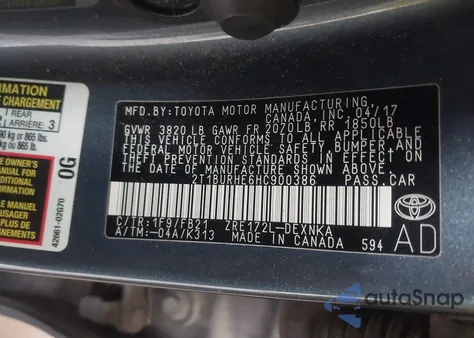 2017 Toyota Corolla Le z USA, uszkodzony, nr VIN 2T1BURHE6HC900386